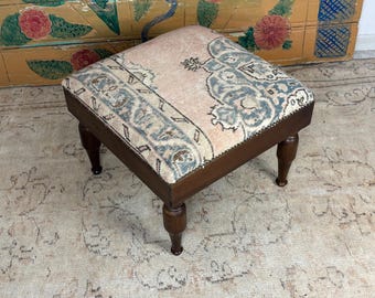 Handmade Rug Bench, Turkish Ottoman Bench with Hornbeam Legs Tax Free USA