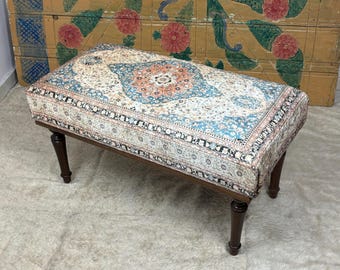 Handmade Turkish Kilim Bench: Bohemian Ottoman Entryway Bench