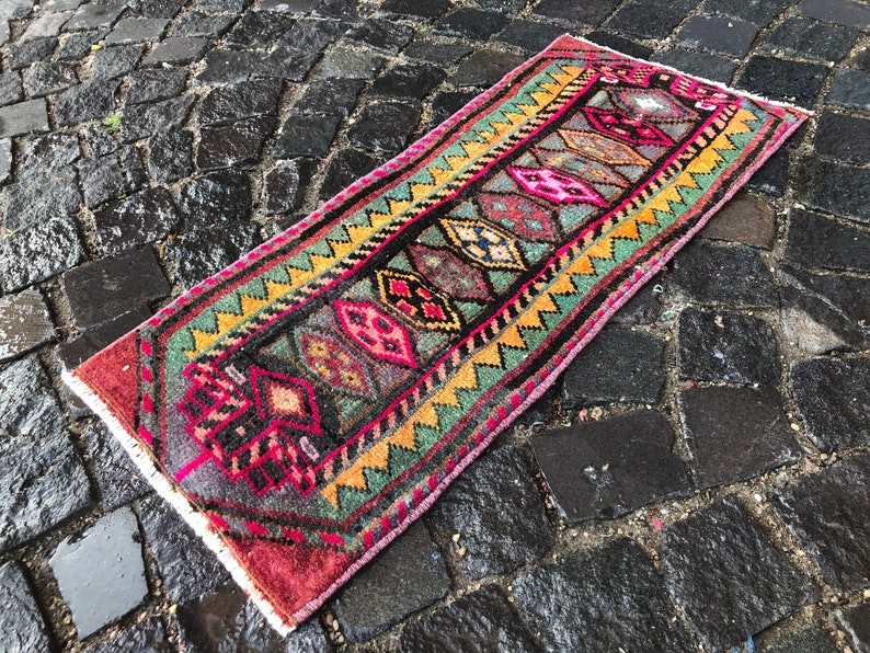 Wool Rug 85 x 37 cm = 2.8 x 1.2 ft Home Decor Vintage Rug Boho Deco Boho Decor Rug Carpet Turkish Rug Handmade Rug Doormat Rug