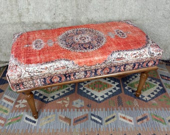 Banco otomano Kilim: mesa de centro turca tapizada, banco de entrada, libre de impuestos en EE. UU.