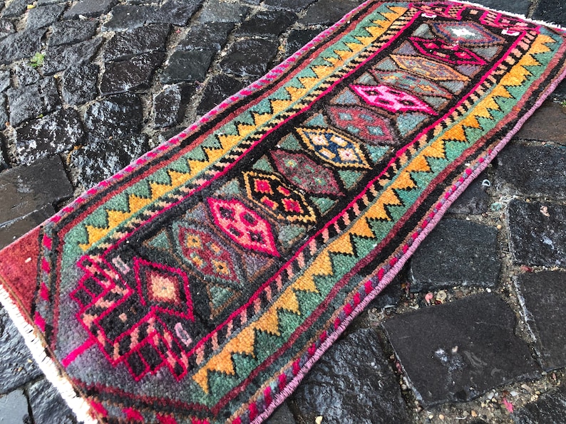 Wool Rug 85 x 37 cm = 2.8 x 1.2 ft Home Decor Vintage Rug Boho Deco Boho Decor Rug Carpet Turkish Rug Handmade Rug Doormat Rug
