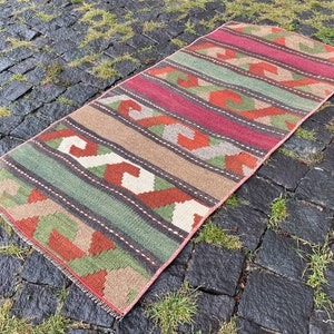 Vintage Oushak Kilim Rug: Handwoven Turkish Wool Carpet, 4x1.9 ft