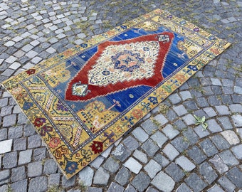 3,9 x 7,1 ft Turkish rug,Area rug,Bohemian area rug,Handknotted rug,Primitive rug,Oushak rug,Organic wool rug,Handmade area rug 119 x 218 cm