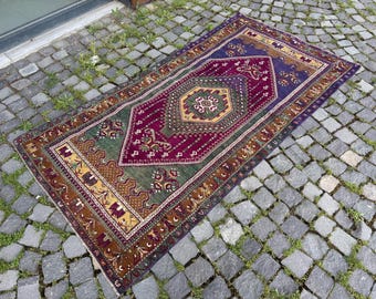 Alfombra Oushak anudada a mano de 1,10 x 2,05 m (3,6 x 6,8 pies), estilo bohemio, de lana turca. Envío libre de impuestos en EE. UU.