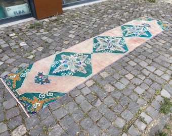 Vintage runner rug, Turkish rug runner, Handmade rug, Oushak kilim rug, Colorful rug, Kitchen  rug | 71 x 325 cm = 2,3 x 10,6 ft
