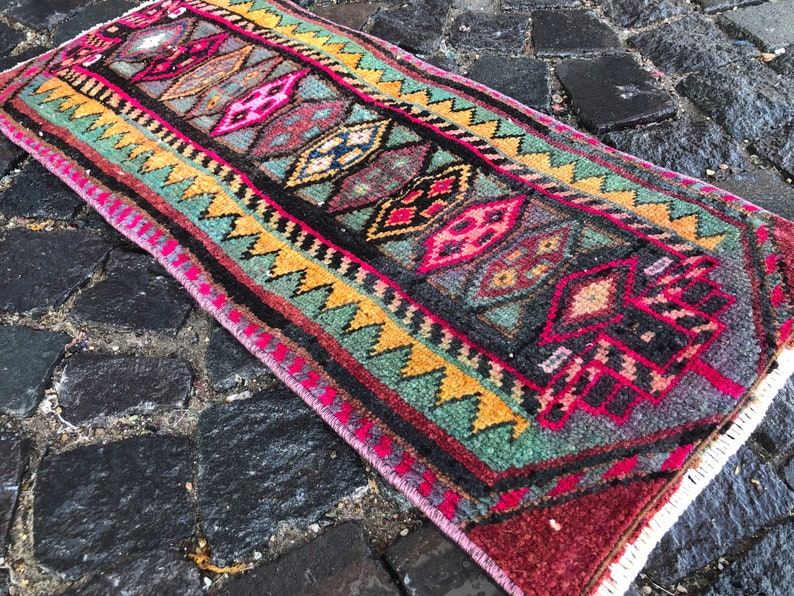 Wool Rug 85 x 37 cm = 2.8 x 1.2 ft Home Decor Vintage Rug Boho Deco Boho Decor Rug Carpet Turkish Rug Handmade Rug Doormat Rug