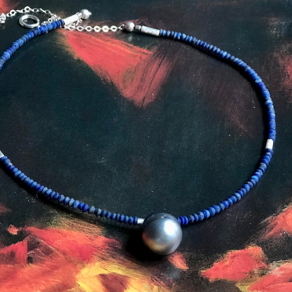 Collier perle de Tahiti Lapis Lazuli argent / Tahiti pearl Lapis Lazuli Silver sterling Necklace