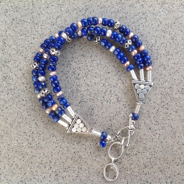 Bracelet lapis-lazuli perles d'eau douce argent 925/1000