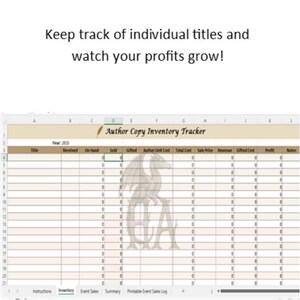 May include: A spreadsheet titled "Author Copy Inventory Tracker" with columns for tracking book titles, sales, and profits. The text "Keep track of individual titles and watch your profits grow!" is at the top.