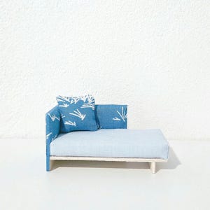 1:24 Handmade Modern Wooden Sofa with light blue seat and patterned back padding