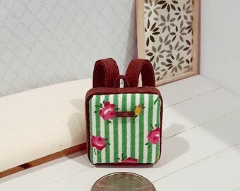 1:24 Cherry Red Flowers in Green Stripes Miniature Backpack Handmade