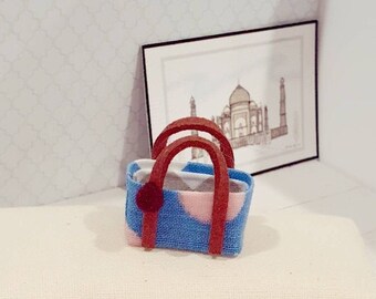1:24 scaled  Baby pink Dotted in Blue Tote bag with Brown Pompom  Miniature Handmade Dollhouse