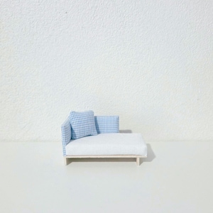 1:24 Handmade Modern Wooden Sofa with white seat and baby blue, white checked back padding