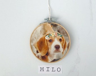 Hond Borduurwerk Hoge Kwaliteit Handgemaakte Hoop Art Flower Crown Milo Beagle House Gift Dog Lover Her Him Home Wall Spring Decor