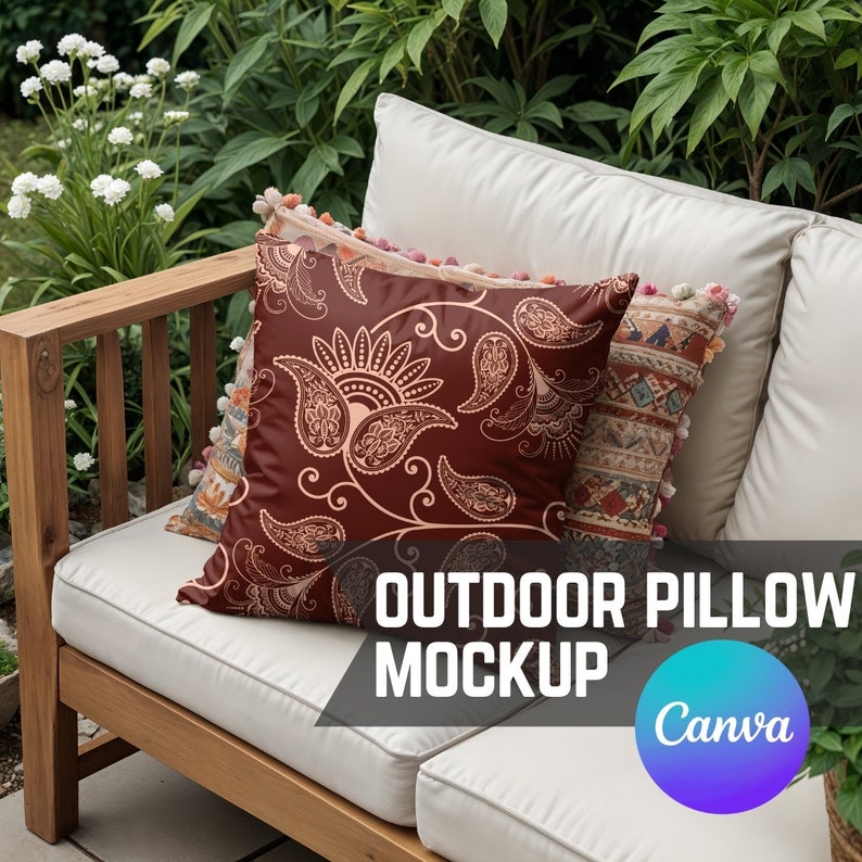 May include: A white outdoor sofa with two cushions. The sofa is made of wood and has a white cushion. The cushions are patterned with paisley designs. The text "OUTDOOR PILLOW MOCKUP Canva" is visible in the image.