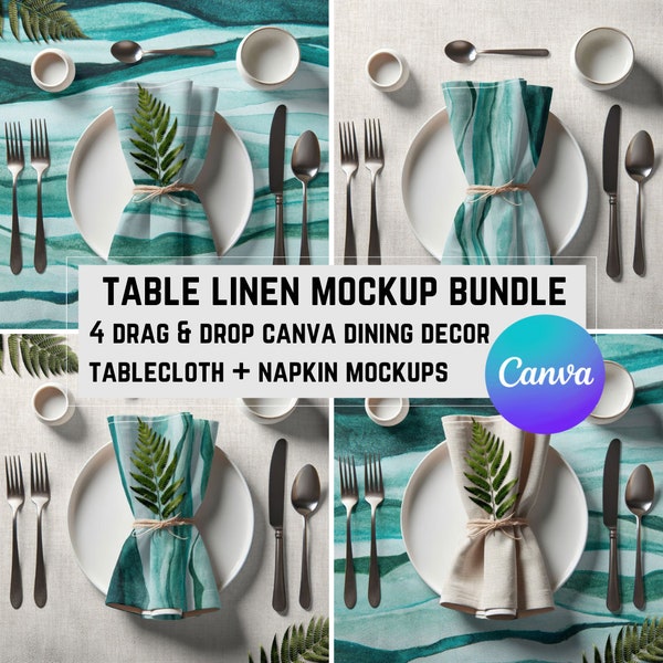 Canva Table Linen Mockup Bundle, 4 Kitchen Tablecloth & Cloth Napkin Drag + Drop Transparent PNG of an Elegant Dining Setting for POD Seller