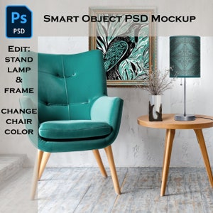 Mockup di lampada e cornice, mockup PSD di oggetti intelligenti multiuso per un paralume e un'opera d'arte murale, creatore di scene per venditori POD con stampa su richiesta