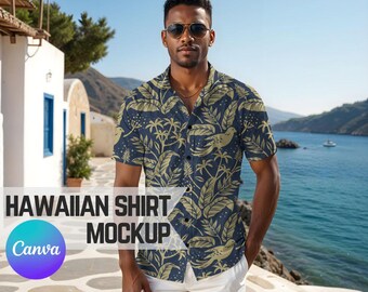 Hawaiian Shirt Mockup, Easy Transparent PNG Canva Frame Style Fashion Mockup of a Black Man in an AOP Short Sleeve Button Down Top for POD