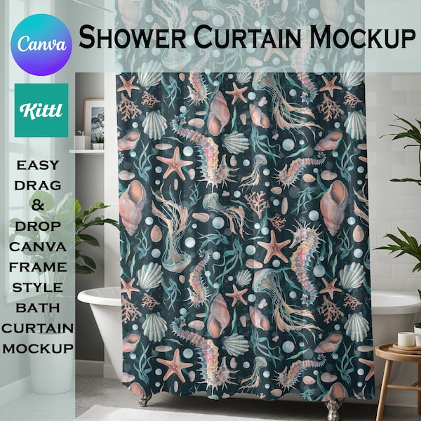 Shower Curtain Mockup, Drag + Drop Transparent Canva PNG Decor Mock of a Bathroom Bath Curtain w/ Boho Cottagecore Vibes for Print on Demand