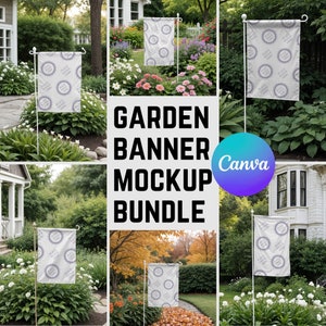 May include: A mockup bundle of five garden banners with a white background and a repeating pattern of circles. The banners are displayed in different garden settings, including a lush green lawn, a flower bed, and a walkway with autumn leaves. The text "GARDEN BANNER MOCKUP BUNDLE" is displayed in black text on a white background. The text "Canva" is displayed in blue text on a purple background.