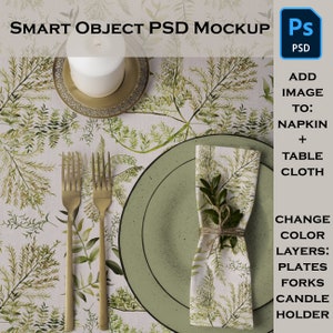 Napkin & Tablecloth Mockup, Kitchen Flat lay Smart Object PSD Mock of a Fully Customizable Cloth Dining Table Setting for Print on Demand