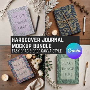 May include: Four different hardcover journal mockups with various patterns. Each journal has the text "PLACE IMAGE HERE" on the cover. The mockups are arranged in a grid with a wooden background and decorative elements like flowers, candles, and greenery.
