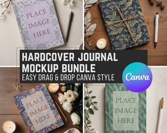 Bound Journal Mockup Bundle, 4 Canva Frame Transparent PNG Flat-lay Hardcover Notebook Mocks w/ Boho Cottagecore Vibes for Print on Demand
