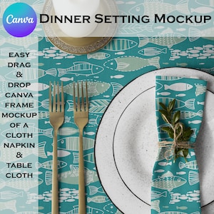 Mockup di set da pranzo Canva, elegante e sofisticato tovaglia in lino da cucina e tovagliolo di stoffa, trascina e rilascia PNG trasparente per venditori POD