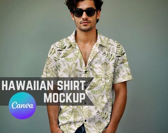 Hawaiian Shirt Mockup, Easy Transparent PNG Canva Frame Style Fashion Mockup of a Casual Man in an AOP Short Sleeve Button Down Printify Top