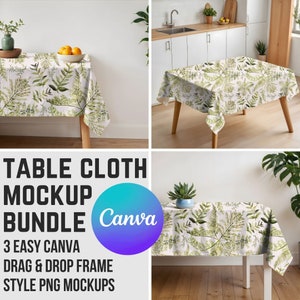 Pacchetto mockup tovaglia, 3 decorazioni in lino per tavolo da pranzo in tela Drag & Drop PNG trasparenti Mock da cucina personalizzabili con eleganti vibrazioni minimali