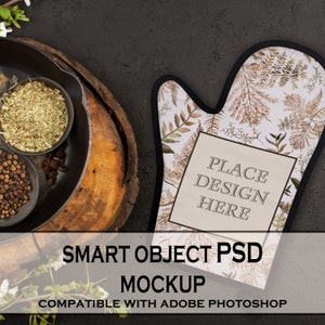 Ugnsvantemodell, platt lay Smart Object PSD-modell av en handske-stil grytlapp med kökshäxvibbar för Print on Demand POD-säljare och tillverkare