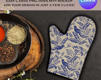 Oven Mitt Mockup, Easy Canva Drag & Drop PNG Mock van een handschoenstijl pannenlap met Witchy Cottagecore Vibes voor Print on Demand POD-verkopers