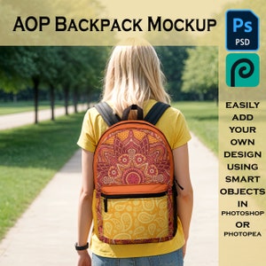 AOP Backpack Mockup, Smart Object PSD Photoshop or Photopea Customizable Mock of a Trendy Woman Carrying a Book Bag for Print on Demand POD