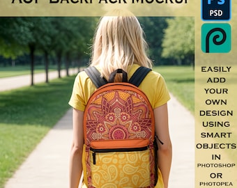 AOP Backpack Mockup, Smart Object PSD Photoshop or Photopea Customizable Mock of a Trendy Woman Carrying a Book Bag for Print on Demand POD