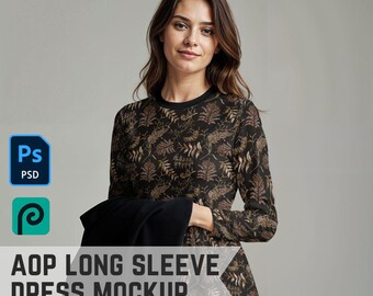 AOP Long Sleeve Dress Mockup, Smart Object PSD Photoshop or Photopea Fashion Mockup of a Woman in a Midi Dress w Pockets for Print on Demand