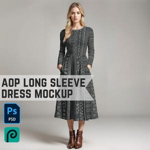 May include: A long-sleeved dress with a black and white geometric pattern. The dress has a fitted bodice and a flared skirt. The model is wearing brown ankle boots.