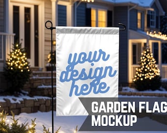 Christmas Flag Mockup, Easy Fall Canva Drag & Drop Transparent PNG House Garden or Lawn Banner Mock Up on a Snowy Day for Festive Holidays
