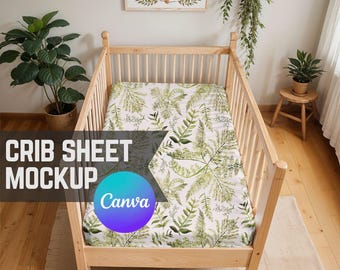 Crib Sheet Mockup, Drag + Drop Transparent Canva PNG Baby Cot Bedding Nursery Decor Mock Up w/ Boho Cottagecore Vibes for Print on Demand