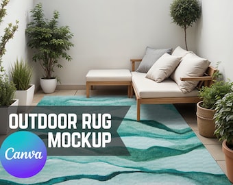 Outdoor Rug Mockup, Easy Canva Drag & Drop Transparent PNG Patio Decor Carpet Mock w/ Minimal Cottagecore Garden Vibes for Print on Demand