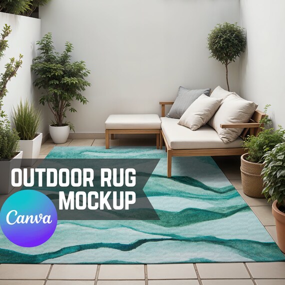 Outdoor Rug Mockup, Easy Canva Drag & Drop Transparent PNG Patio Decor Carpet Mock w/ Minimal Cottagecore Garden Vibes for Print on Demand