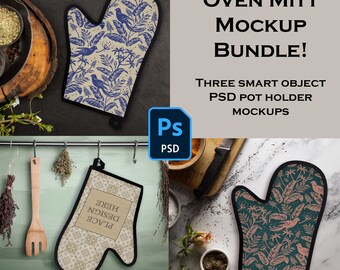 Oven Mitt Mockup Bundle, 3 Smart Object PSD Mocks of a Glove Style Pot Holder in Witchy Cottagecore Kitchen for Print on Demand POD Sellers