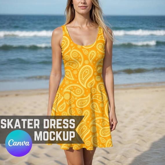 Skater Dress Mockup, Easy Transparent Canva Frame Style Fashion Mockup of a  Trendy Woman in a Sleeveless Beach Dress for Print on Demand POD - Etsy