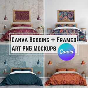 May include: Four mockups of a bedroom with a bed, a framed picture, and a hanging light fixture. The beds have different colored bedding and the pictures have different designs. The text "CANVA BEDDING + FRAMED ART PNG MOCKUPS Canva" is in the center of the image.
