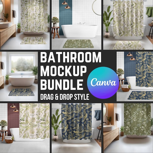 Shower Curtain + Bathmat Mockups, Bundle of 8 Combo Canva Drag & Drop PNG Bathroom Decor Mocks With Minimal Cottagecore Vibes for POD Makers