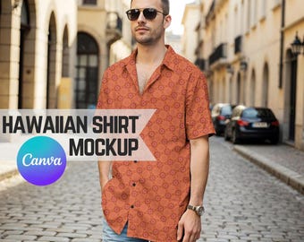 Hawaiian Shirt Mockup, Easy Transparent PNG Canva Frame Style Fashion Mockup of a Man in an AOP Short Sleeve Button Down FYBY Printify Top
