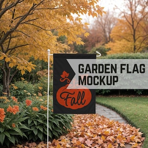 May include: A black garden flag with a pumpkin design and the word "Fall" in orange. The flag is displayed outdoors on a white pole, surrounded by autumn foliage and the text "GARDEN FLAG MOCKUP".