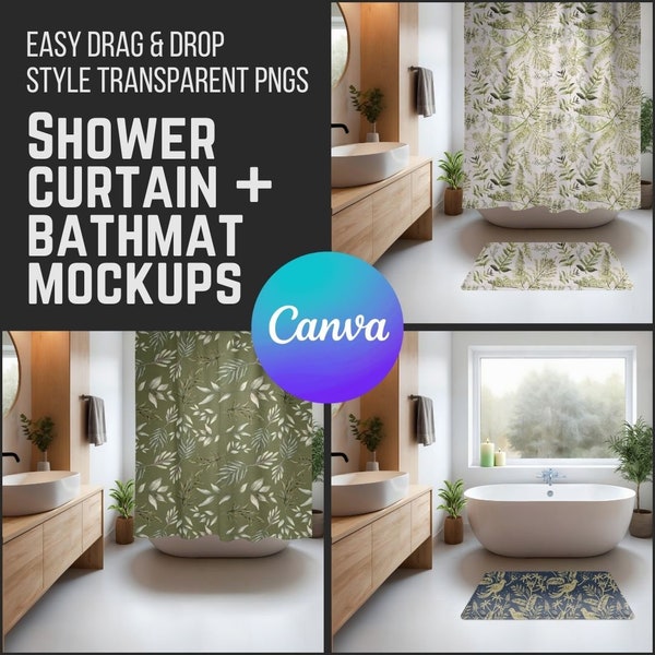 Shower & Bathmat Mockups, Drag + Drop Transparent Canva PNG Mocks of a Bathroom Curtain and Rug w Boho Cottagecore Vibes for Print on Demand