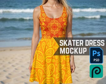Skater Dress Mockup, Smart Object PSD Photoshop or Photopea Fashion Mockup of a Trendy Woman in a Sleeveless Beach Dress for Print on Demand