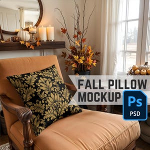 PSD höstkuddemodell, anpassningsbar smart objekt Photoshop juldekoration kuddemodell med höstens Thanksgiving-vibbar för utskrift på begäran