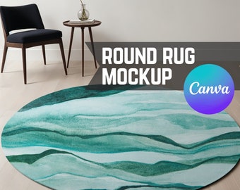 Round Rug Mockup, Canva Drag & Drop Transparent PNG Customizable AOP Circular Accent Area Carpet Mock Up in a Minimal Living Room for POD